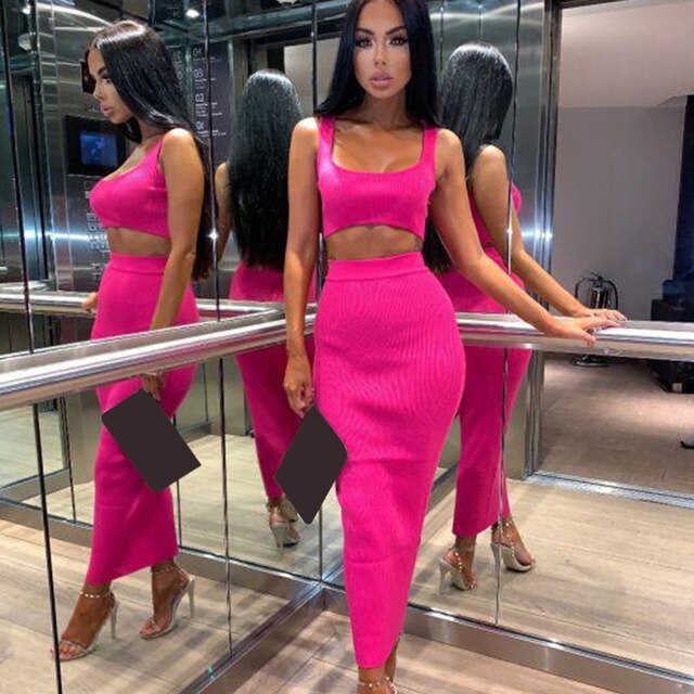 Neon Color Sexy Ribbed Dress Set